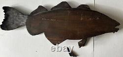 Antique Primitive Folk Art Carved Wooden Fish Nautical Sign 27x11x2 Read