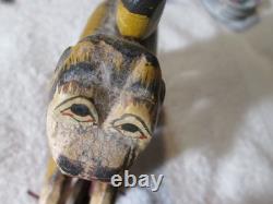 Antique Primitive Folk Art Hand Carved Wood Toy Monkey Riding Tricycle