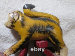 Antique Primitive Folk Art Hand Carved Wood Toy Monkey Riding Tricycle