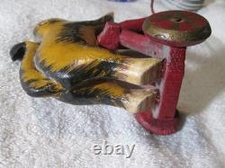 Antique Primitive Folk Art Hand Carved Wood Toy Monkey Riding Tricycle