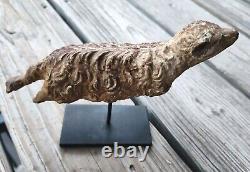 Antique Primitive Folk Art Painted Carved Ram/Sheep Fragment on Custom Stand