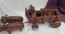 Antique Primitive HAND CARVED wooden Oxen & Wagon Folk Art Movable