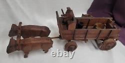 Antique Primitive HAND CARVED wooden Oxen & Wagon Folk Art Movable