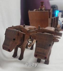 Antique Primitive HAND CARVED wooden Oxen & Wagon Folk Art Movable