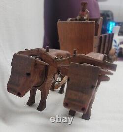 Antique Primitive HAND CARVED wooden Oxen & Wagon Folk Art Movable