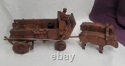 Antique Primitive HAND CARVED wooden Oxen & Wagon Folk Art Movable