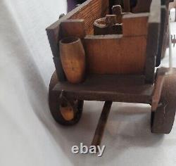 Antique Primitive HAND CARVED wooden Oxen & Wagon Folk Art Movable