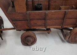 Antique Primitive HAND CARVED wooden Oxen & Wagon Folk Art Movable