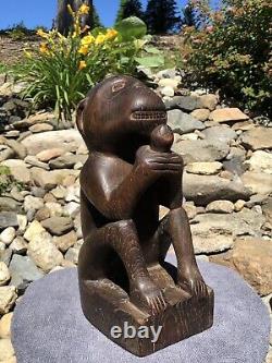Antique Primitive Hand Carved Solid Wood Monkey & Nut Folk Art Sculpture Statue