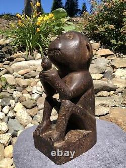 Antique Primitive Hand Carved Solid Wood Monkey & Nut Folk Art Sculpture Statue
