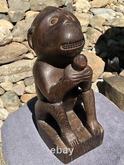 Antique Primitive Hand Carved Solid Wood Monkey & Nut Folk Art Sculpture Statue