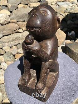 Antique Primitive Hand Carved Solid Wood Monkey & Nut Folk Art Sculpture Statue