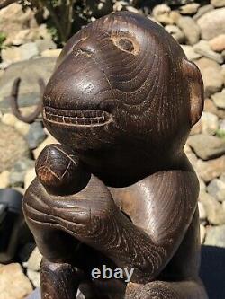 Antique Primitive Hand Carved Solid Wood Monkey & Nut Folk Art Sculpture Statue