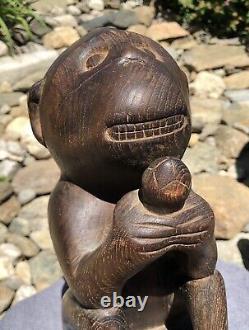 Antique Primitive Hand Carved Solid Wood Monkey & Nut Folk Art Sculpture Statue