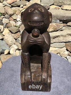 Antique Primitive Hand Carved Solid Wood Monkey & Nut Folk Art Sculpture Statue