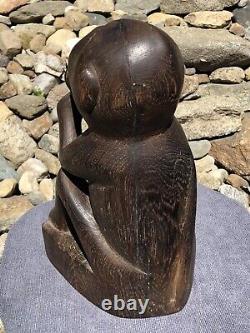 Antique Primitive Hand Carved Solid Wood Monkey & Nut Folk Art Sculpture Statue