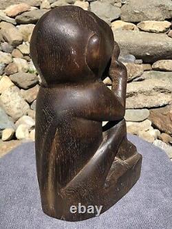 Antique Primitive Hand Carved Solid Wood Monkey & Nut Folk Art Sculpture Statue