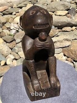 Antique Primitive Hand Carved Solid Wood Monkey & Nut Folk Art Sculpture Statue