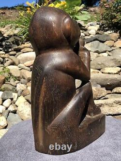 Antique Primitive Hand Carved Solid Wood Monkey & Nut Folk Art Sculpture Statue