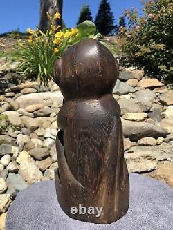 Antique Primitive Hand Carved Solid Wood Monkey & Nut Folk Art Sculpture Statue