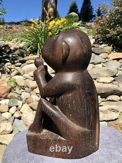 Antique Primitive Hand Carved Solid Wood Monkey & Nut Folk Art Sculpture Statue