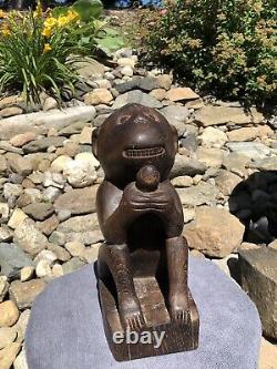 Antique Primitive Hand Carved Solid Wood Monkey & Nut Folk Art Sculpture Statue