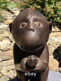 Antique Primitive Hand Carved Solid Wood Monkey & Nut Folk Art Sculpture Statue