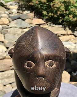 Antique Primitive Hand Carved Solid Wood Monkey & Nut Folk Art Sculpture Statue