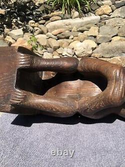 Antique Primitive Hand Carved Solid Wood Monkey & Nut Folk Art Sculpture Statue