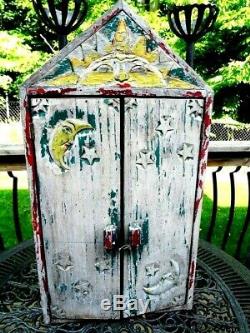 Antique Quebec PRIMITIVE folk art MEDICINE CABINET GYPSY sun moon stars carved