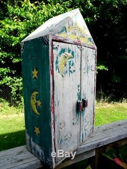 Antique Quebec PRIMITIVE folk art MEDICINE CABINET GYPSY sun moon stars carved