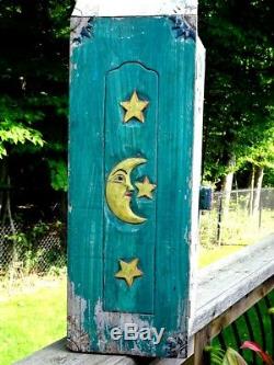 Antique Quebec PRIMITIVE folk art MEDICINE CABINET GYPSY sun moon stars carved