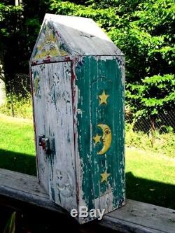 Antique Quebec PRIMITIVE folk art MEDICINE CABINET GYPSY sun moon stars carved