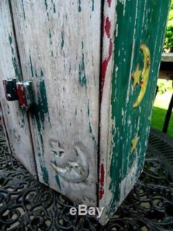 Antique Quebec PRIMITIVE folk art MEDICINE CABINET GYPSY sun moon stars carved