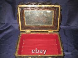 Antique RARE Chip Carved Tramp Art Folk Art Jewelry trinket box Mirror inside