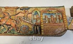Antique Sicilian Wood Rear Cart Panel FOLK ART Chariot Horses CARVING Colorful