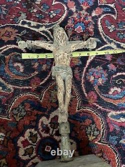 Antique Spanish Colonial Carved Wood Antique Santos Crucifix Mexican Folk Art