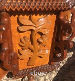 Antique TRAMP ART OCTAGONAL BOX Carved Folk Art Flowers & Drawer Chardon Oh'32