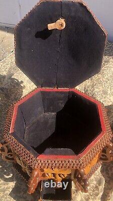 Antique TRAMP ART OCTAGONAL BOX Carved Folk Art Flowers & Drawer Chardon Oh'32