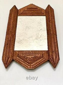 Antique Tramp Art Frame With Mirror Layered Hand Carved Wooden Folk Art