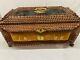 Antique Tramp Art Wood Box1898 Folk Art Chip Carved Brass Ormalu 19thc