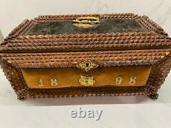 Antique Tramp Art Wood Box1898 Folk Art Chip Carved Brass Ormalu 19thC