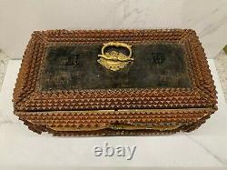 Antique Tramp Art Wood Box1898 Folk Art Chip Carved Brass Ormalu 19thC