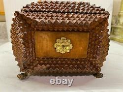 Antique Tramp Art Wood Box1898 Folk Art Chip Carved Brass Ormalu 19thC