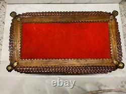 Antique Tramp Art Wood Box1898 Folk Art Chip Carved Brass Ormalu 19thC