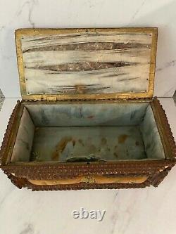 Antique Tramp Art Wood Box1898 Folk Art Chip Carved Brass Ormalu 19thC