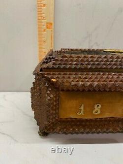 Antique Tramp Art Wood Box1898 Folk Art Chip Carved Brass Ormalu 19thC