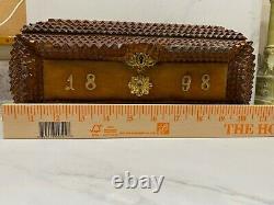 Antique Tramp Art Wood Box1898 Folk Art Chip Carved Brass Ormalu 19thC