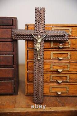 Antique Tramp Art Wood Carving Crucifix Cross Folk Art Cigar Boxes Vintage
