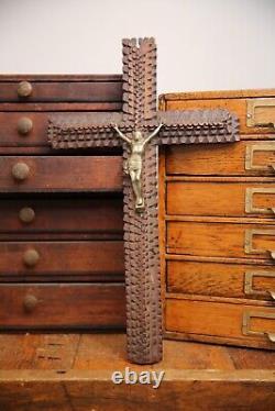Antique Tramp Art Wood Carving Crucifix Cross Folk Art Cigar Boxes Vintage